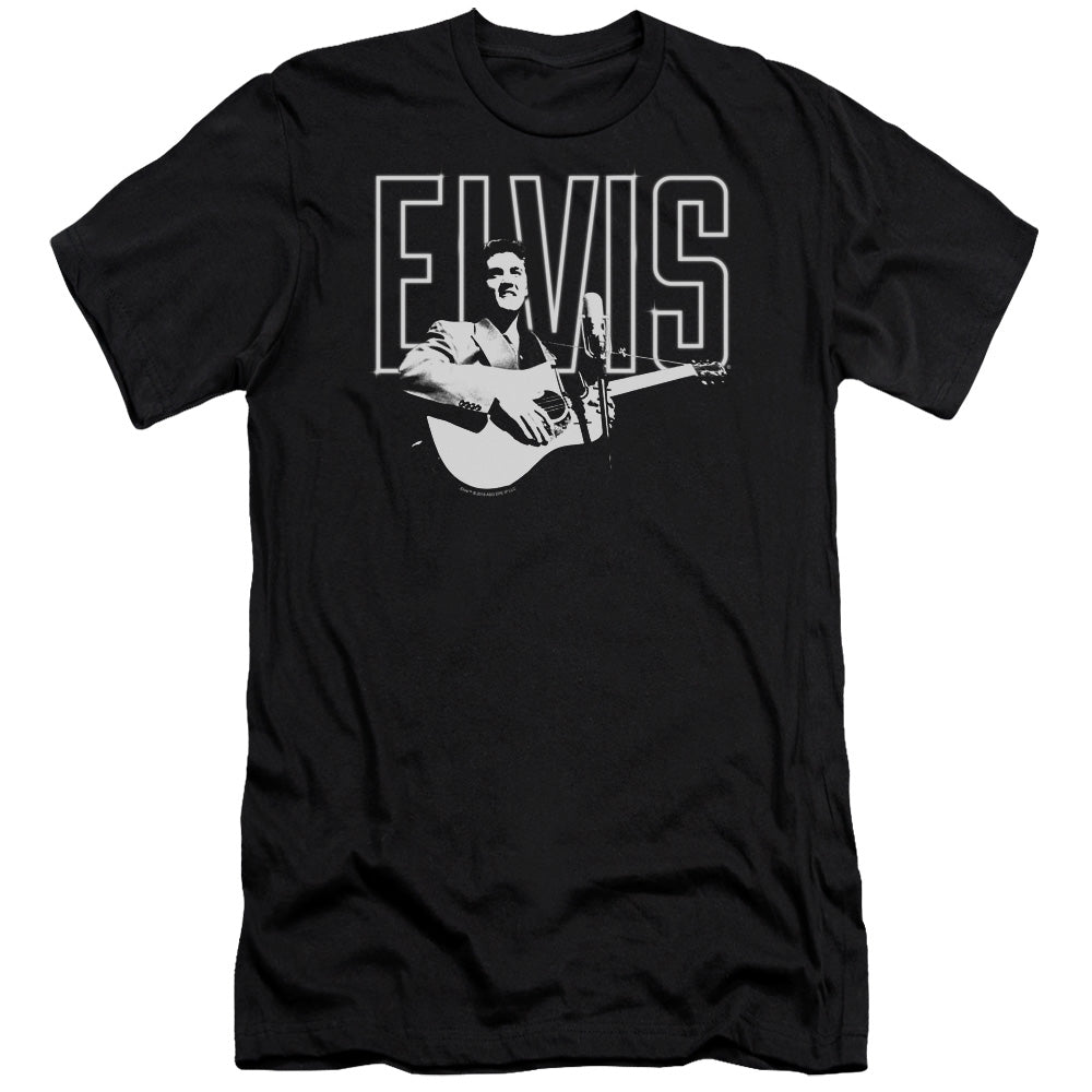 AN OFFCIALLY LICENSED ELVIS PRESLEY WHITE GLOW MEN'S PREMIUM SLIM FIT T-SHIRT BLACK