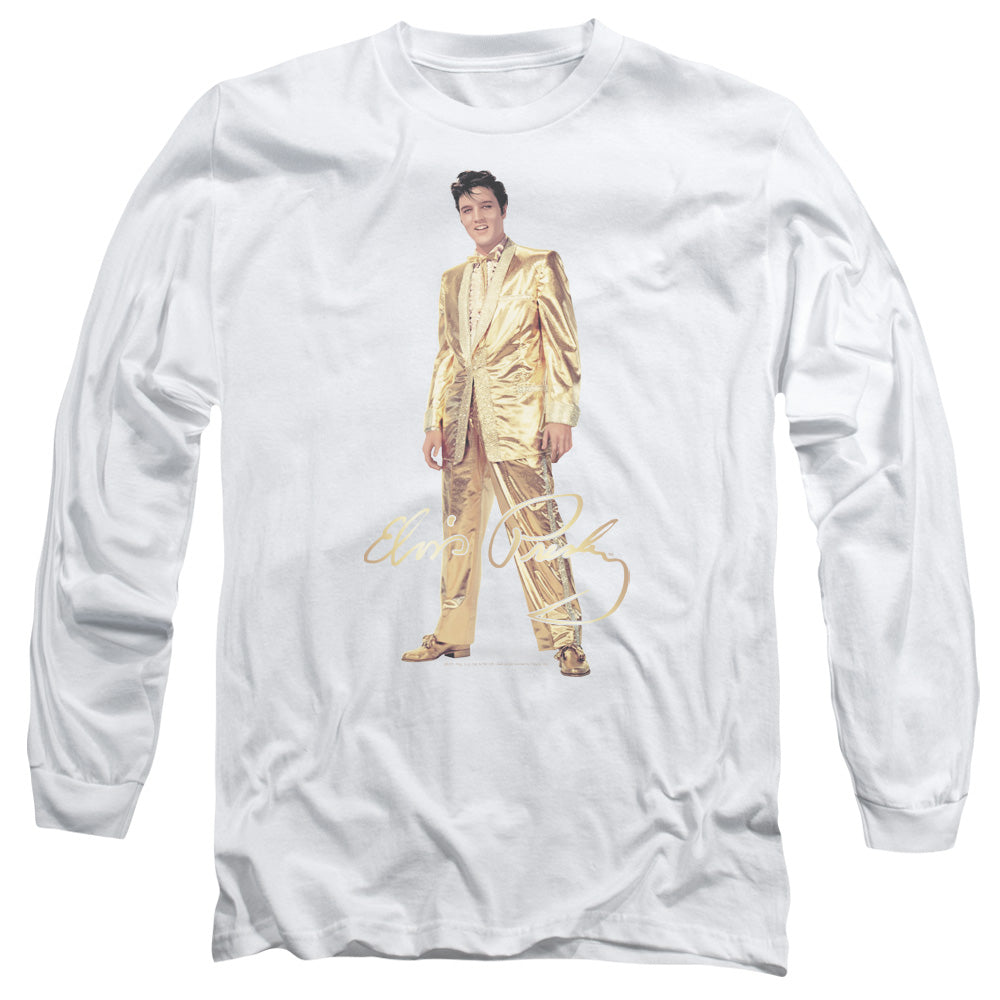 AN OFFCIALLY LICENSED ELVIS PRESLEY GOLD LAME SUIT MEN'S LONG SLEEVE T-SHIRT WHITE