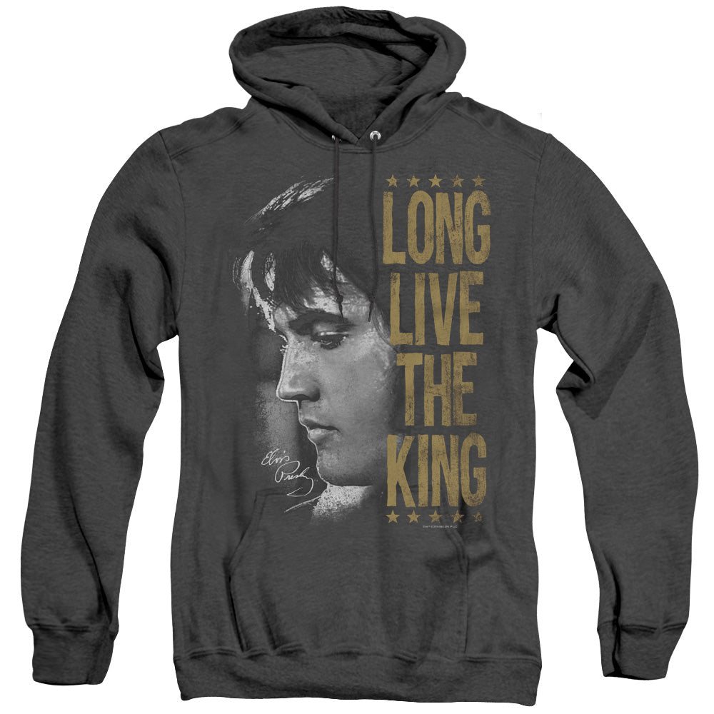 AN OFFCIALLY LICENSED ELVIS PRESLEY LONG LIVE THE KING ADULT UNISEX HEATHER PULLOVER HOODIE BLACK