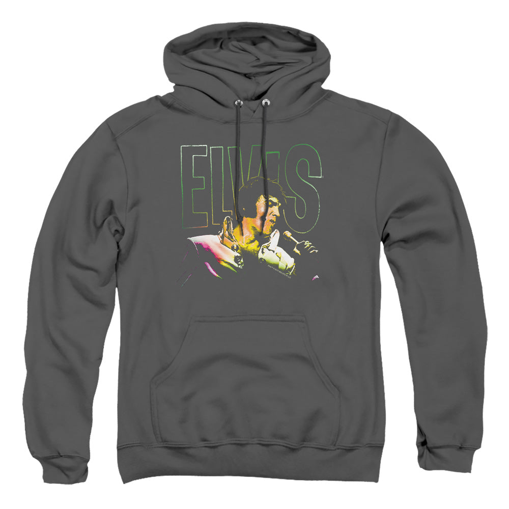 AN OFFCIALLY LICENSED ELVIS PRESLEY MULTICOLORED ADULT UNISEX PULLOVER HOODIE CHARCOAL