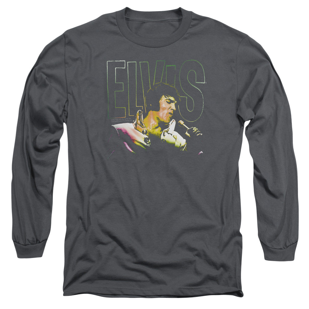 AN OFFCIALLY LICENSED ELVIS PRESLEY MULTICOLORED MEN'S LONG SLEEVE T-SHIRT CHARCOAL