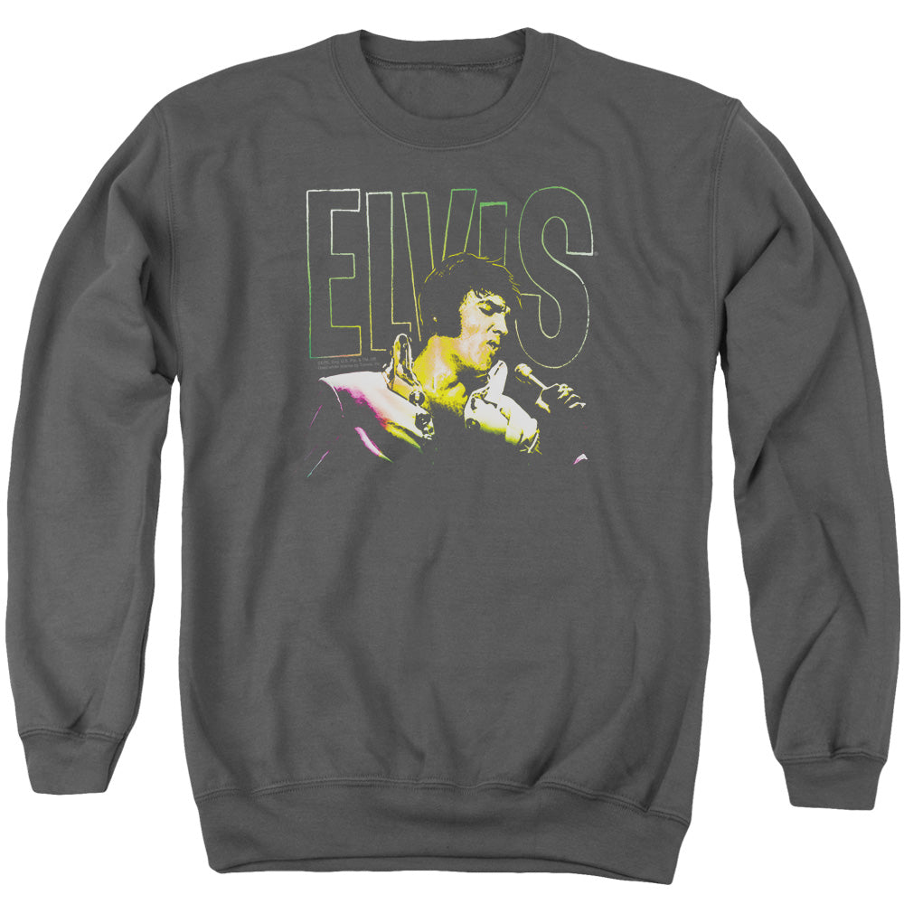 AN OFFCIALLY LICENSED ELVIS PRESLEY MULTICOLORED ADULT UNISEX CREWNECK SWEATSHIRT CHARCOAL