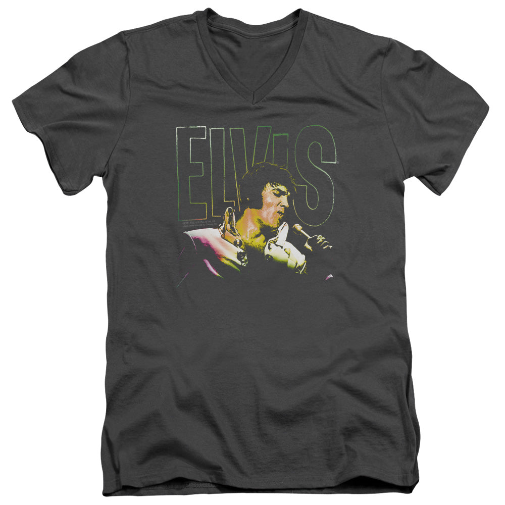 AN OFFCIALLY LICENSED ELVIS PRESLEY MULTICOLORED MEN'S V-NECK T-SHIRT CHARCOAL