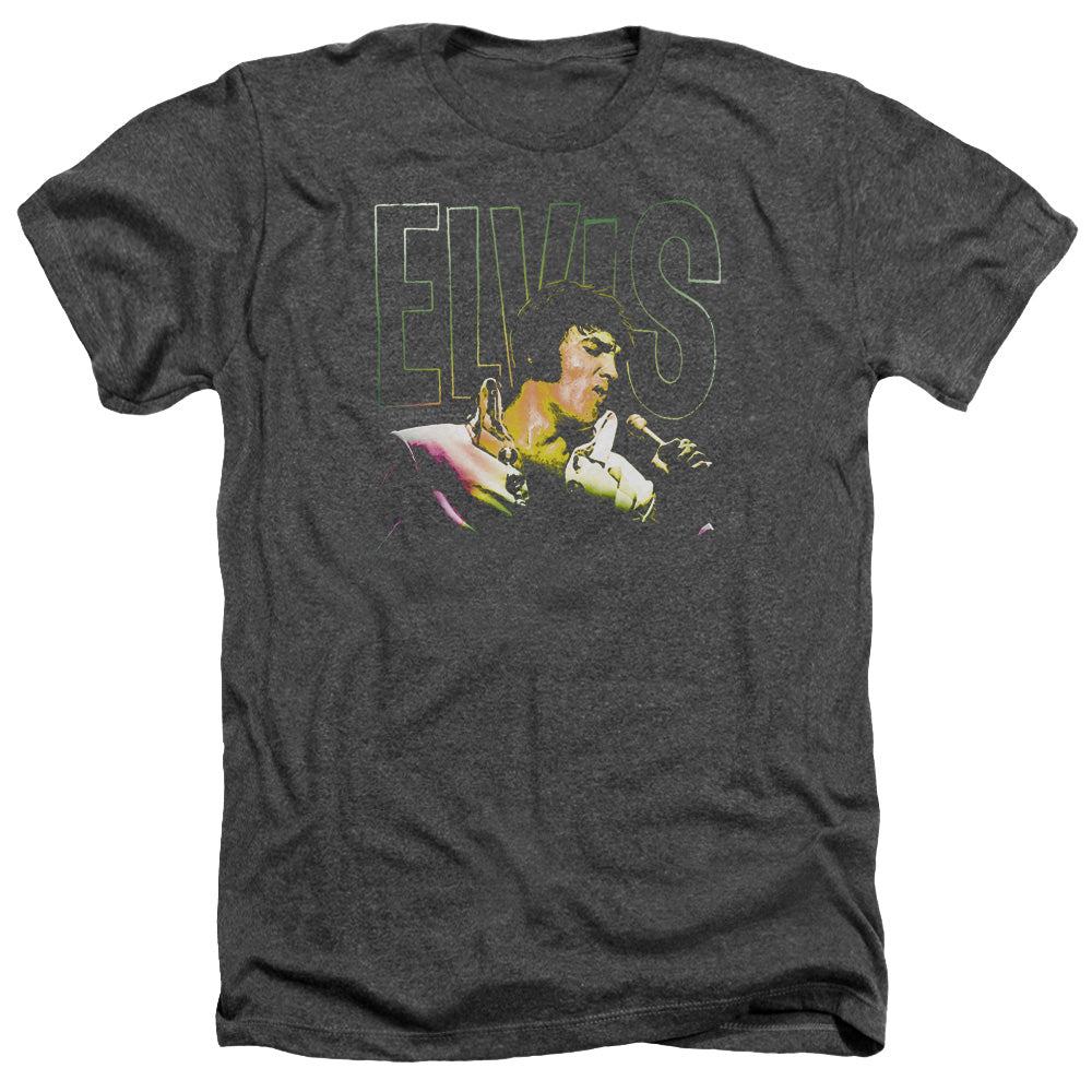 AN OFFCIALLY LICENSED ELVIS PRESLEY MULTICOLORED MEN'S HEATHER T-SHIRT CHARCOAL