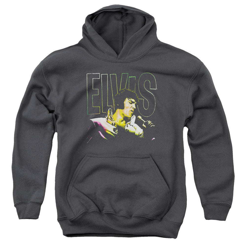 AN OFFCIALLY LICENSED ELVIS PRESLEY MULTICOLORED YOUTH HOODIE CHARCOAL