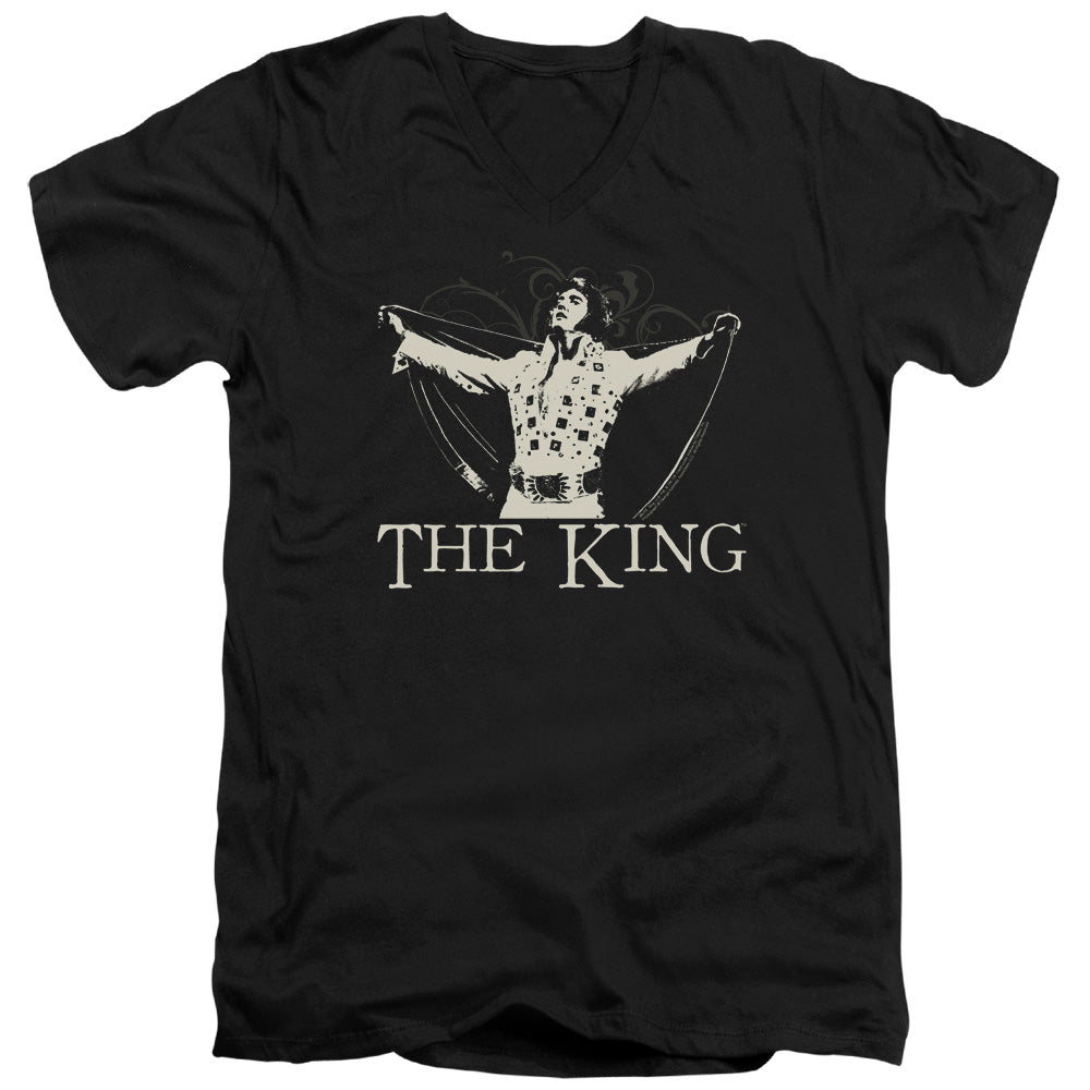 AN OFFCIALLY LICENSED ELVIS PRESLEY ORNATE KING MEN'S V-NECK T-SHIRT BLACK