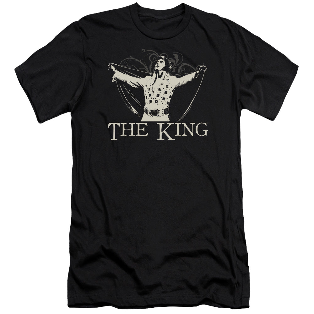 AN OFFCIALLY LICENSED ELVIS PRESLEY ORNATE KING MEN'S PREMIUM SLIM FIT T-SHIRT BLACK