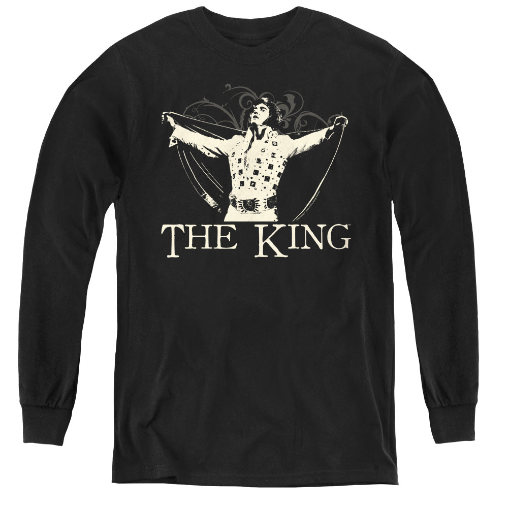 AN OFFCIALLY LICENSED ELVIS PRESLEY ORNATE KING YOUTH LONG SLEEVE T-SHIRT BLACK