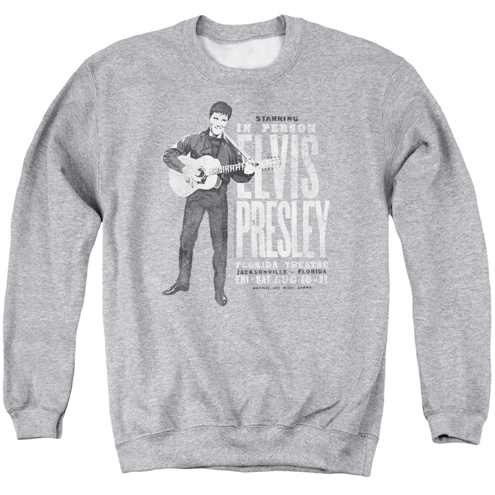 AN OFFCIALLY LICENSED ELVIS PRESLEY IN PERSON ADULT UNISEX CREWNECK SWEATSHIRT ATHLETIC HEATHER