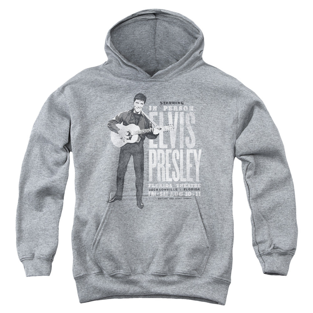 AN OFFCIALLY LICENSED ELVIS PRESLEY IN PERSON YOUTH HOODIE ATHLETIC HEATHER
