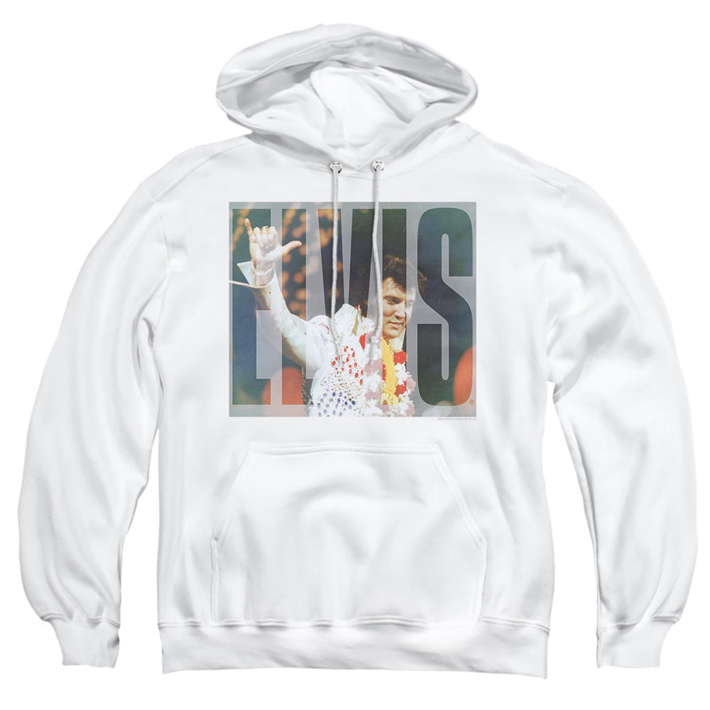 AN OFFCIALLY LICENSED ELVIS PRESLEY ALOHA KNOCKOUT ADULT UNISEX PULLOVER HOODIE WHITE
