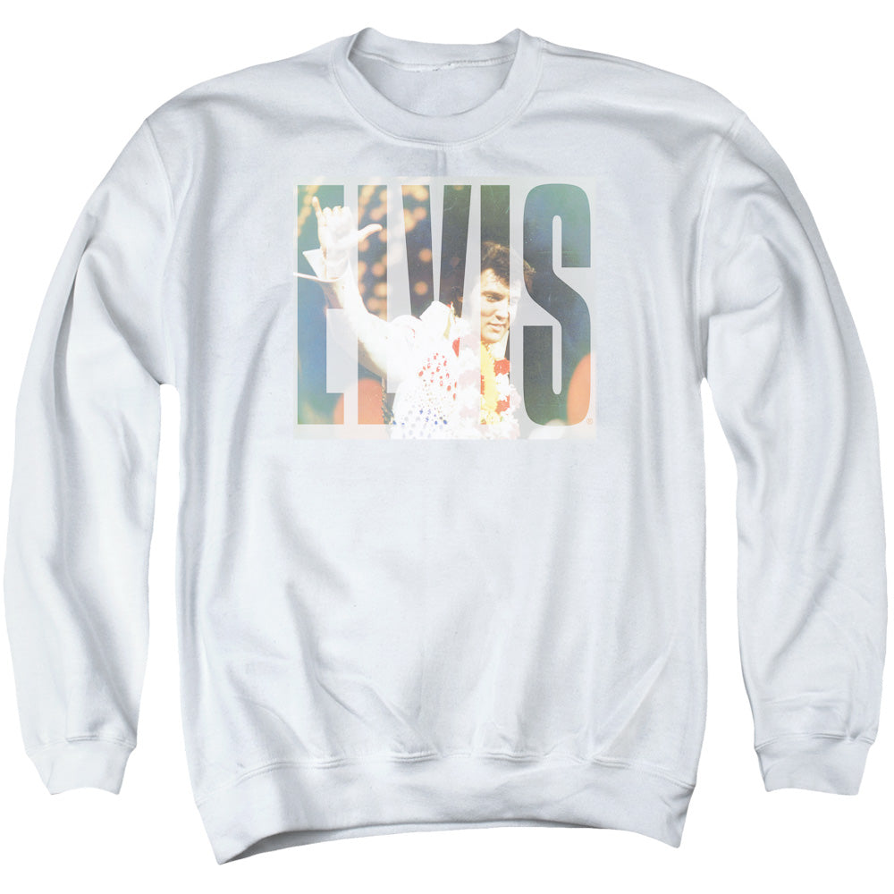 AN OFFCIALLY LICENSED ELVIS PRESLEY ALOHA KNOCKOUT ADULT UNISEX CREWNECK SWEATSHIRT WHITE