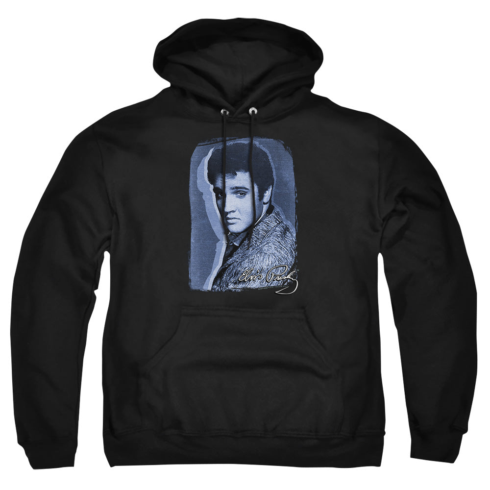AN OFFCIALLY LICENSED ELVIS PRESLEY OVERLAY ADULT UNISEX PULLOVER HOODIE BLACK