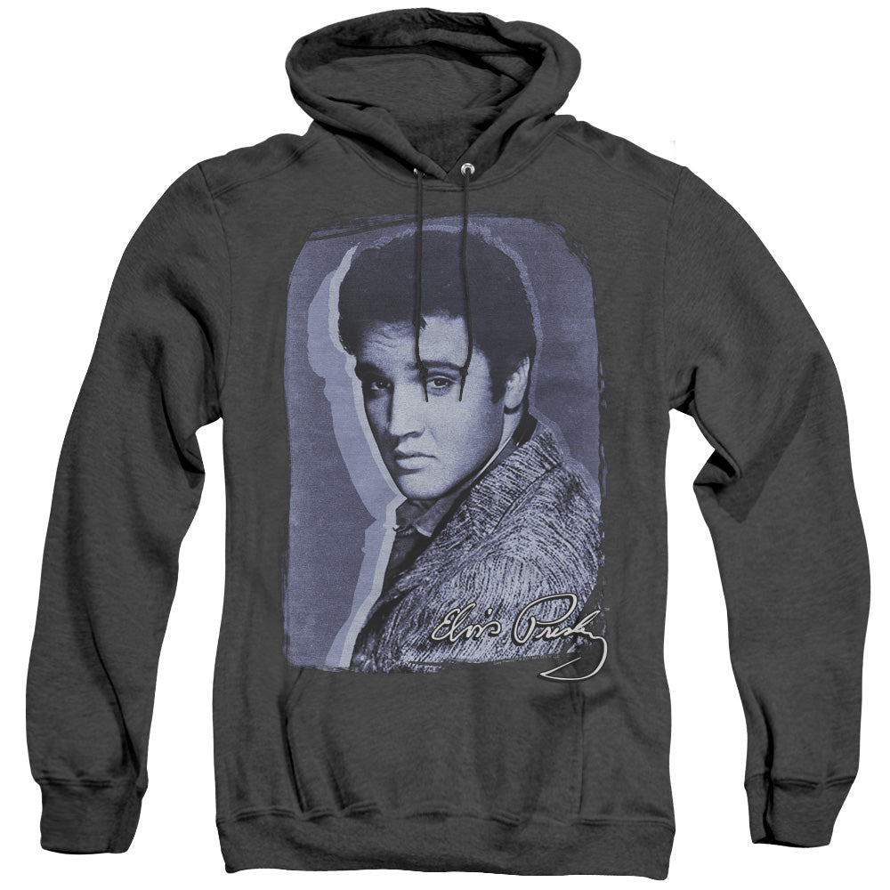 AN OFFCIALLY LICENSED ELVIS PRESLEY OVERLAY ADULT UNISEX HEATHER PULLOVER HOODIE BLACK