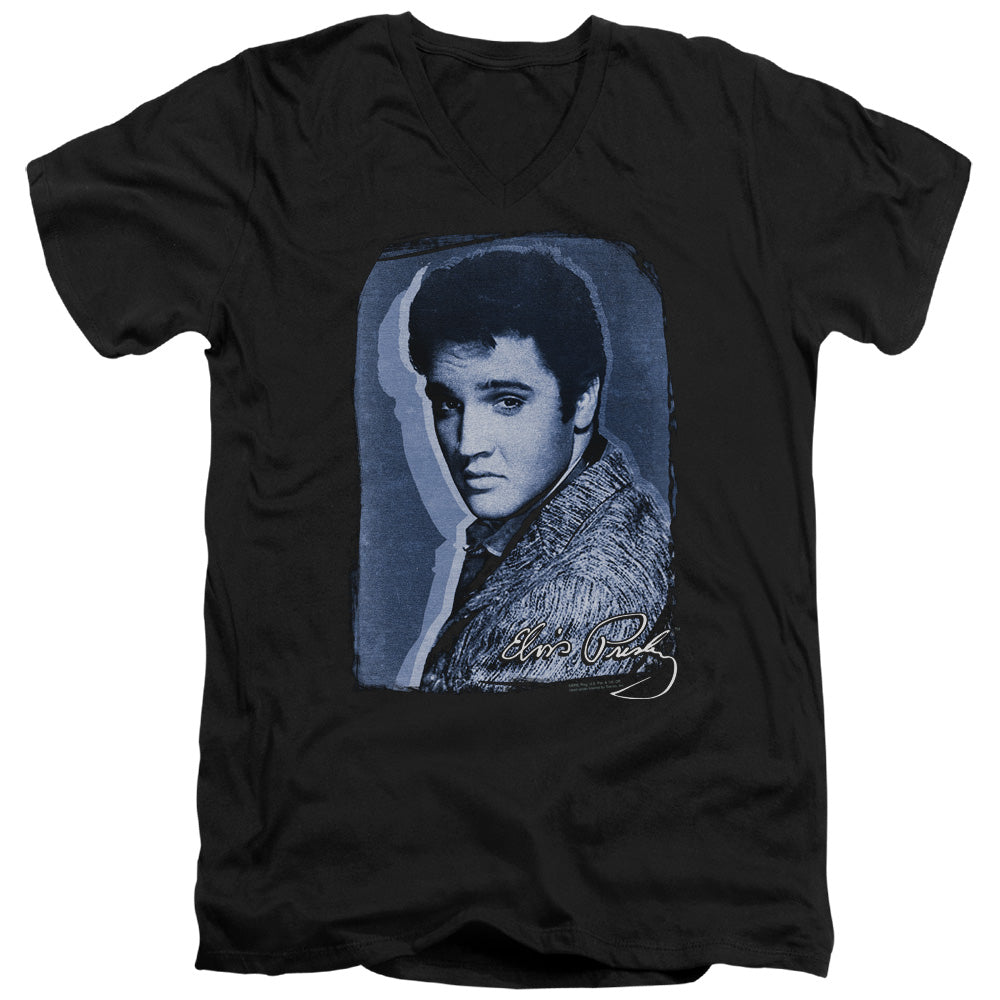 AN OFFCIALLY LICENSED ELVIS PRESLEY OVERLAY MEN'S V-NECK T-SHIRT BLACK