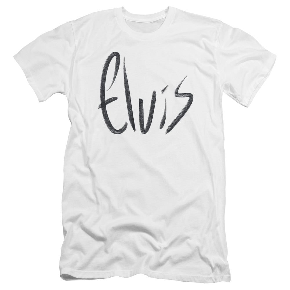AN OFFCIALLY LICENSED ELVIS PRESLEY SKETCHY NAME MEN'S PREMIUM SLIM FIT T-SHIRT WHITE