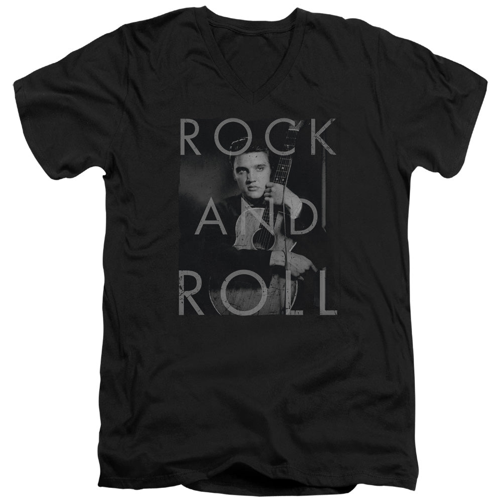 AN OFFCIALLY LICENSED ELVIS PRESLEY ROCK AND ROLL MEN'S V-NECK T-SHIRT BLACK