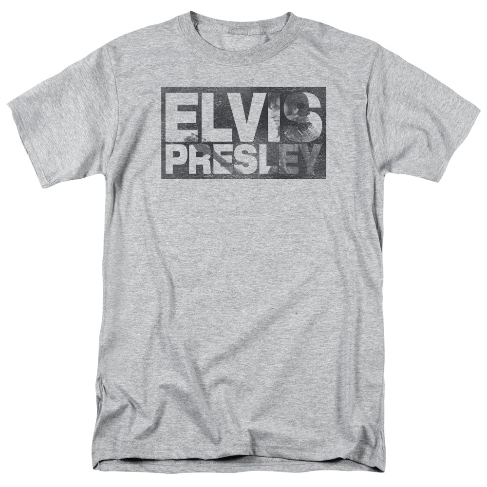 AN OFFCIALLY LICENSED ELVIS PRESLEY BLOCK LETTERS MEN'S REGULAR FIT T-SHIRT ATHLETIC HEATHER