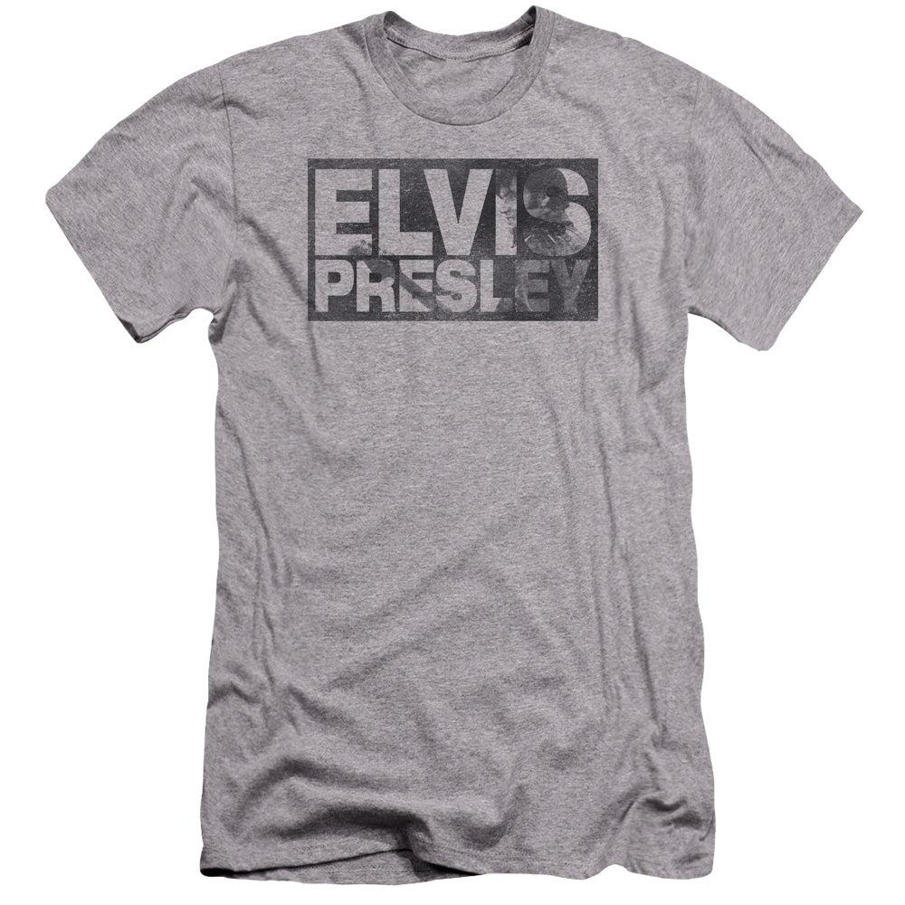 AN OFFCIALLY LICENSED ELVIS PRESLEY BLOCK LETTERS MEN'S PREMIUM SLIM FIT T-SHIRT ATHLETIC HEATHER