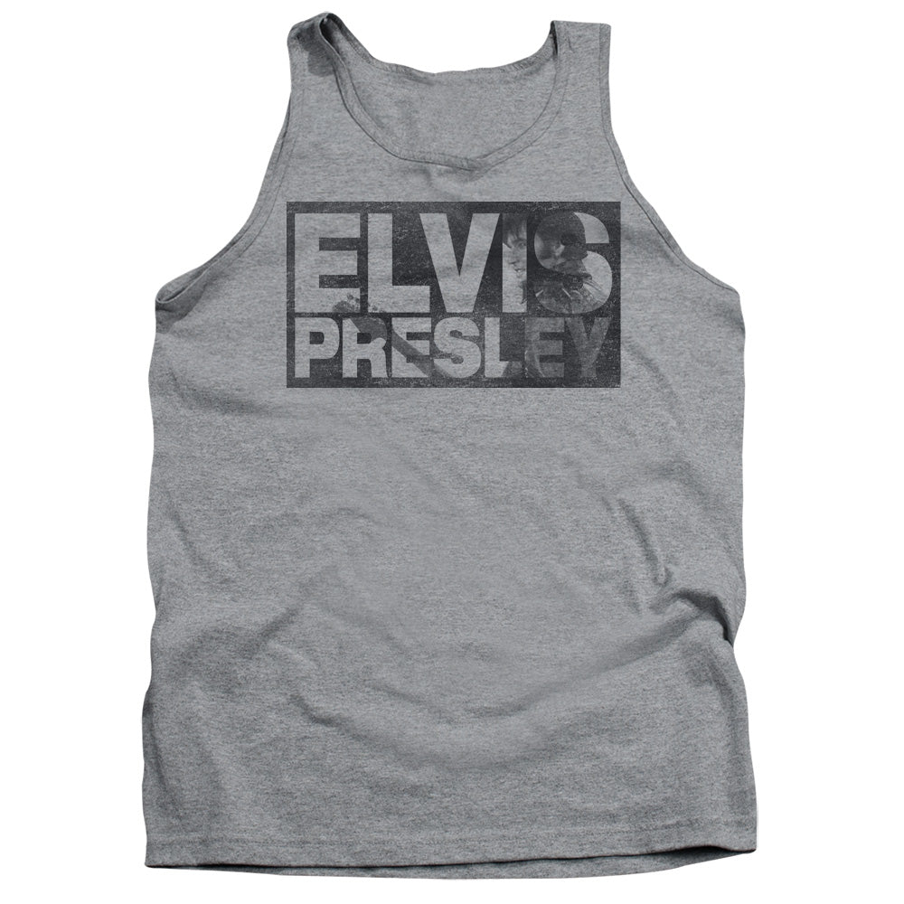 AN OFFCIALLY LICENSED ELVIS PRESLEY BLOCK LETTERS ADULT UNISEX TANK TOP ATHLETIC HEATHER