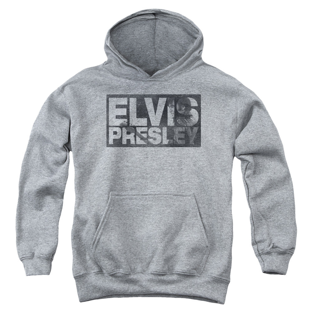 AN OFFCIALLY LICENSED ELVIS PRESLEY BLOCK LETTERS YOUTH HOODIE ATHLETIC HEATHER