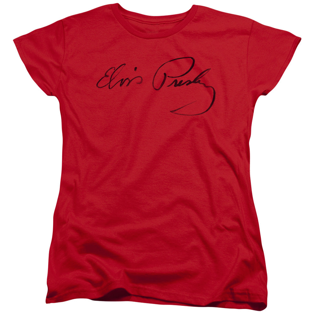 AN OFFCIALLY LICENSED ELVIS PRESLEY SIGNATURE SKETCH WOMEN'S REGULAR FIT T-SHIRT RED