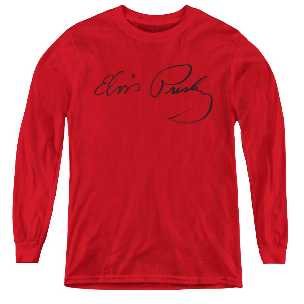 AN OFFCIALLY LICENSED ELVIS PRESLEY SIGNATURE SKETCH YOUTH LONG SLEEVE T-SHIRT RED