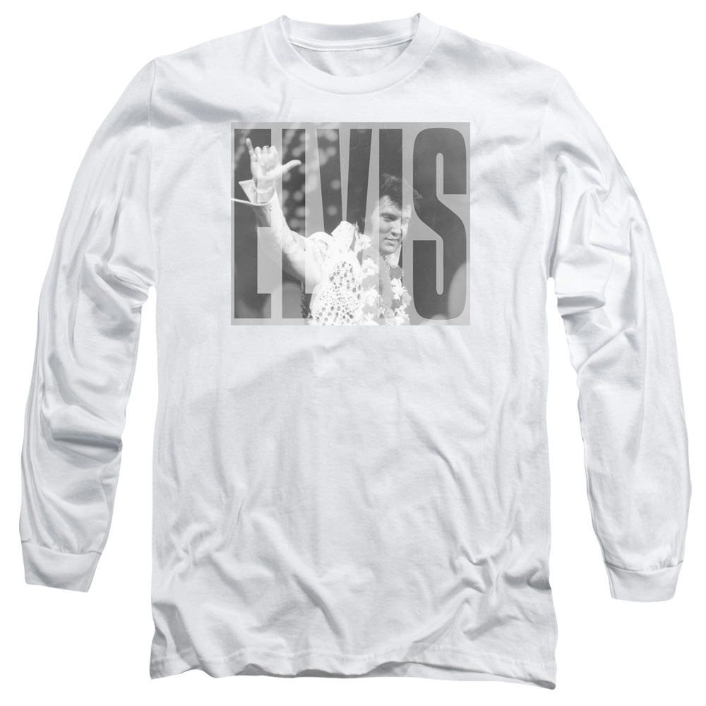 AN OFFCIALLY LICENSED ELVIS PRESLEY ALOHA GRAY MEN'S LONG SLEEVE T-SHIRT WHITE