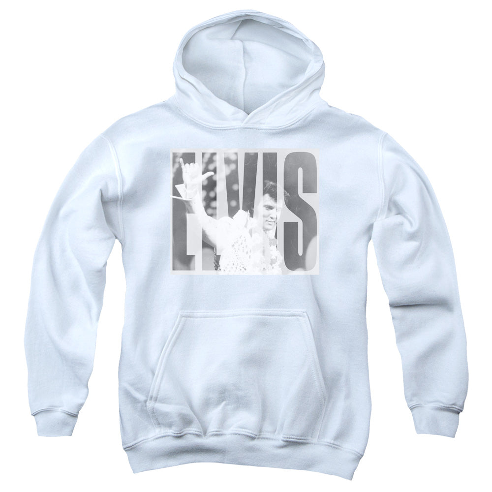 AN OFFCIALLY LICENSED ELVIS PRESLEY ALOHA GRAY YOUTH HOODIE WHITE