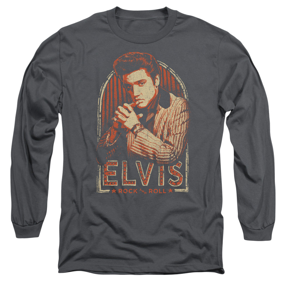 AN OFFCIALLY LICENSED ELVIS PRESLEY STRIPES MEN'S LONG SLEEVE T-SHIRT CHARCOAL