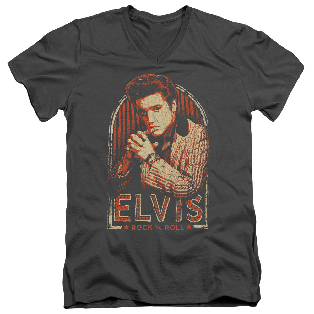 AN OFFCIALLY LICENSED ELVIS PRESLEY STRIPES MEN'S V-NECK T-SHIRT CHARCOAL