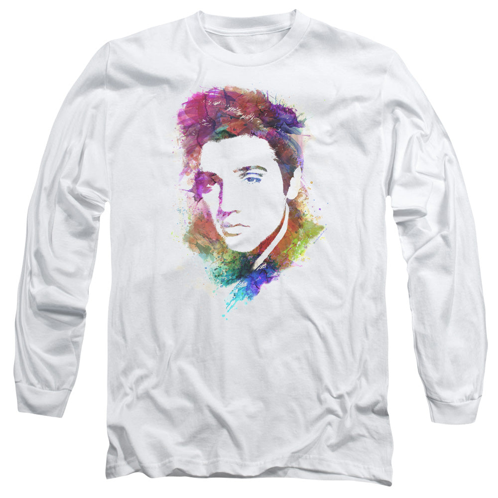 AN OFFCIALLY LICENSED ELVIS PRESLEY WATERCOLOR KING MEN'S LONG SLEEVE T-SHIRT WHITE