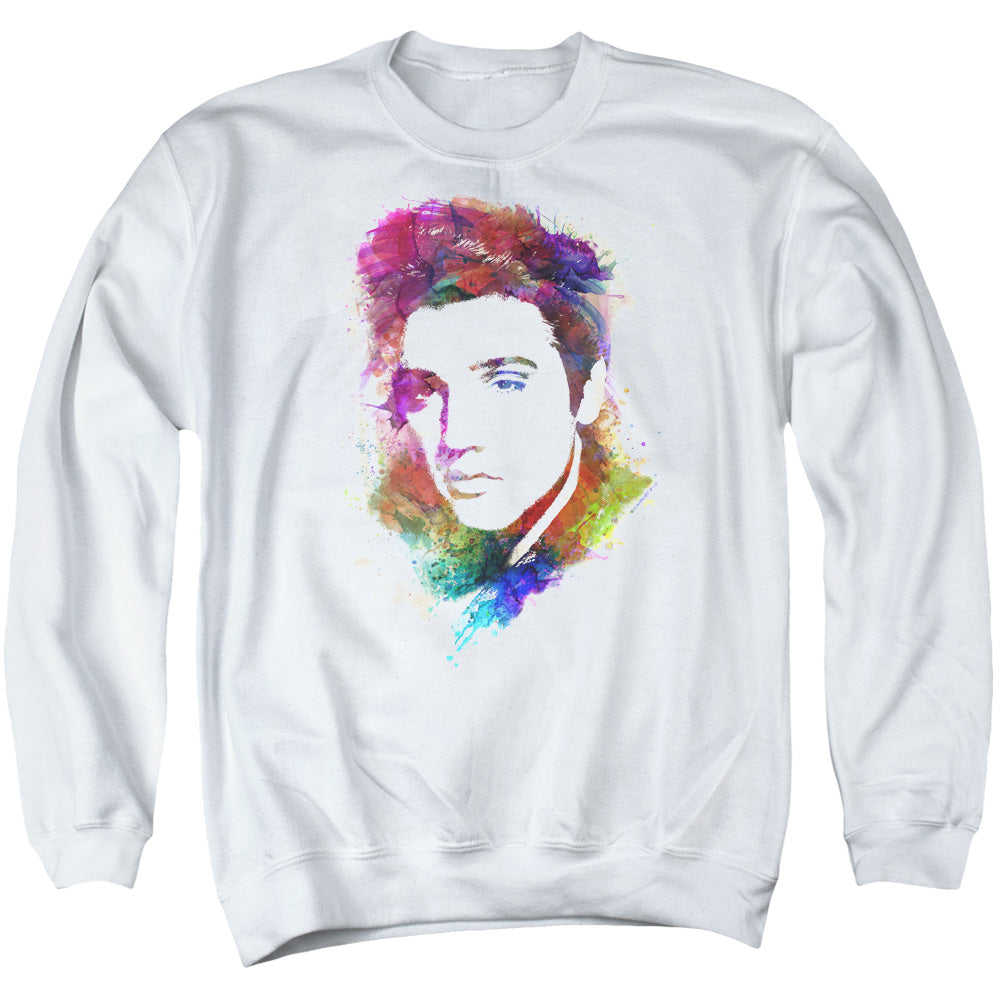 AN OFFCIALLY LICENSED ELVIS PRESLEY WATERCOLOR KING ADULT UNISEX CREWNECK SWEATSHIRT WHITE