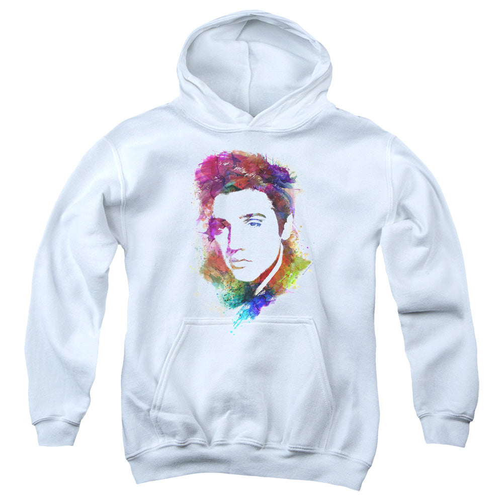 AN OFFCIALLY LICENSED ELVIS PRESLEY WATERCOLOR KING YOUTH HOODIE WHITE