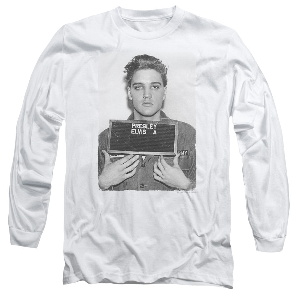 AN OFFCIALLY LICENSED ELVIS PRESLEY ARMY MUG SHOT MEN'S LONG SLEEVE T-SHIRT WHITE