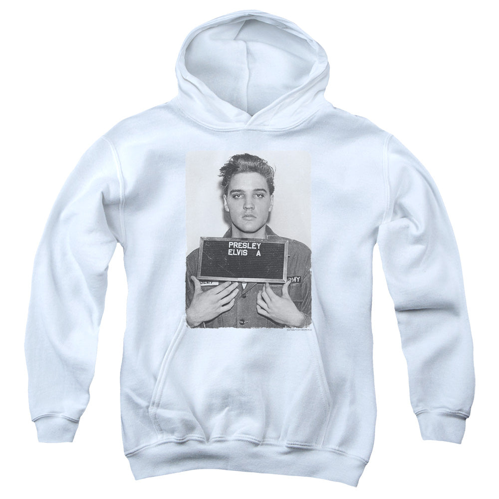 AN OFFCIALLY LICENSED ELVIS PRESLEY ARMY MUG SHOT YOUTH HOODIE WHITE