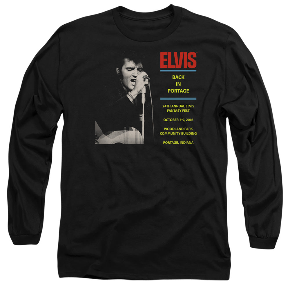 AN OFFCIALLY LICENSED ELVIS PRESLEY BACK IN PORTAGE MEN'S LONG SLEEVE T-SHIRT BLACK