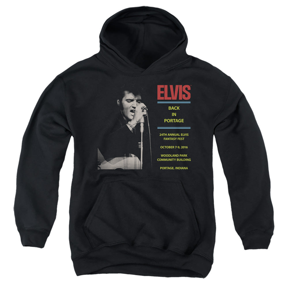 AN OFFCIALLY LICENSED ELVIS PRESLEY BACK IN PORTAGE YOUTH HOODIE BLACK