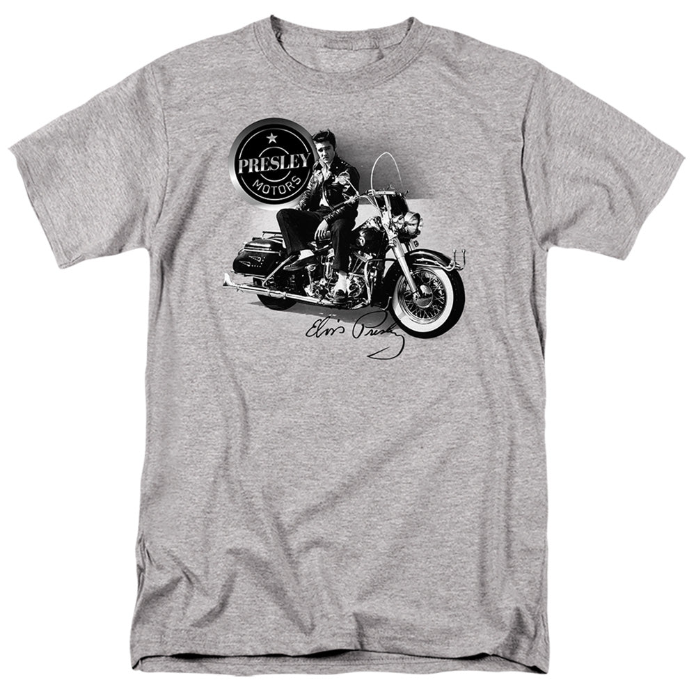 AN OFFCIALLY LICENSED ELVIS PRESLEY PRESLEY MOTORS MEN'S REGULAR FIT T-SHIRT ATHLETIC HEATHER