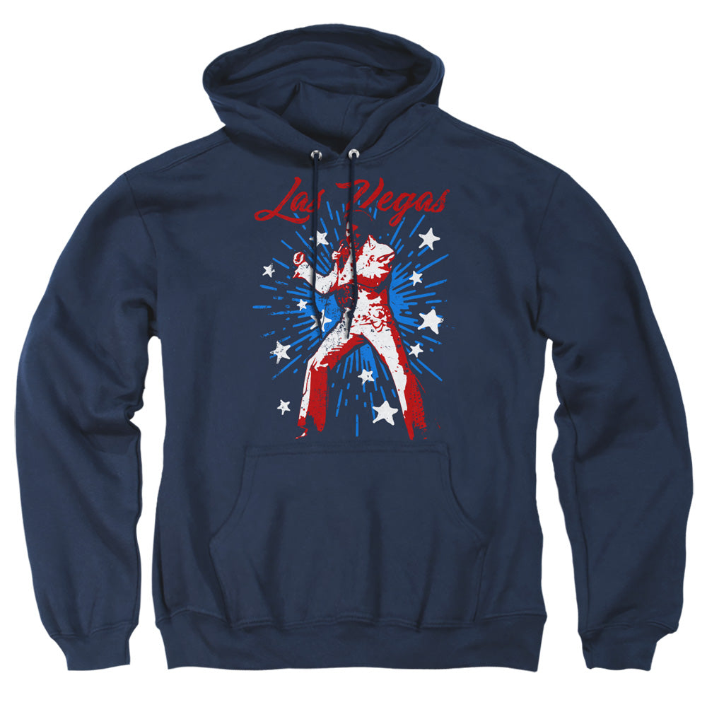 AN OFFCIALLY LICENSED ELVIS PRESLEY VEGAS SUPERSTAR ADULT UNISEX PULLOVER HOODIE NAVY