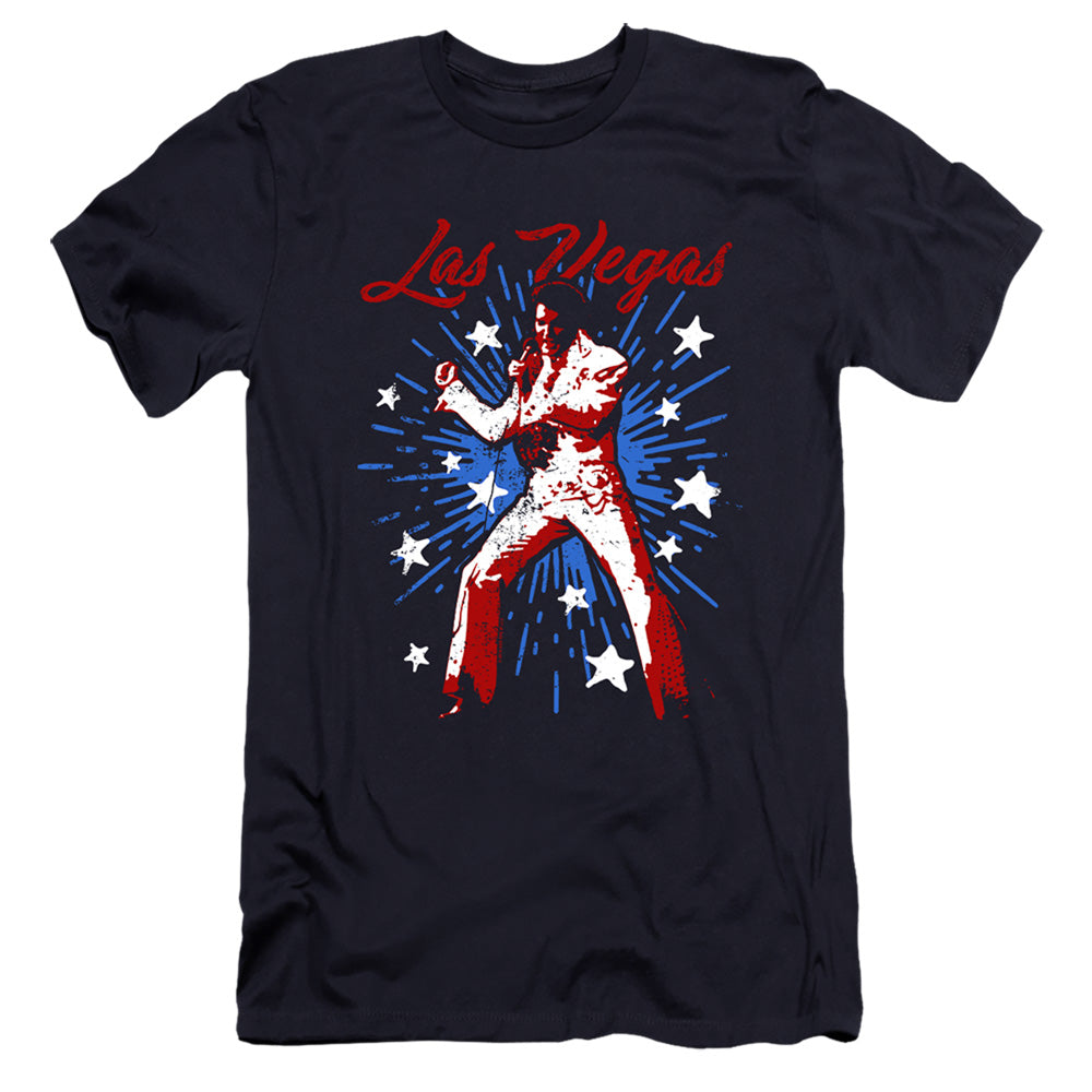 AN OFFCIALLY LICENSED ELVIS PRESLEY VEGAS SUPERSTAR MEN'S PREMIUM SLIM FIT T-SHIRT NAVY