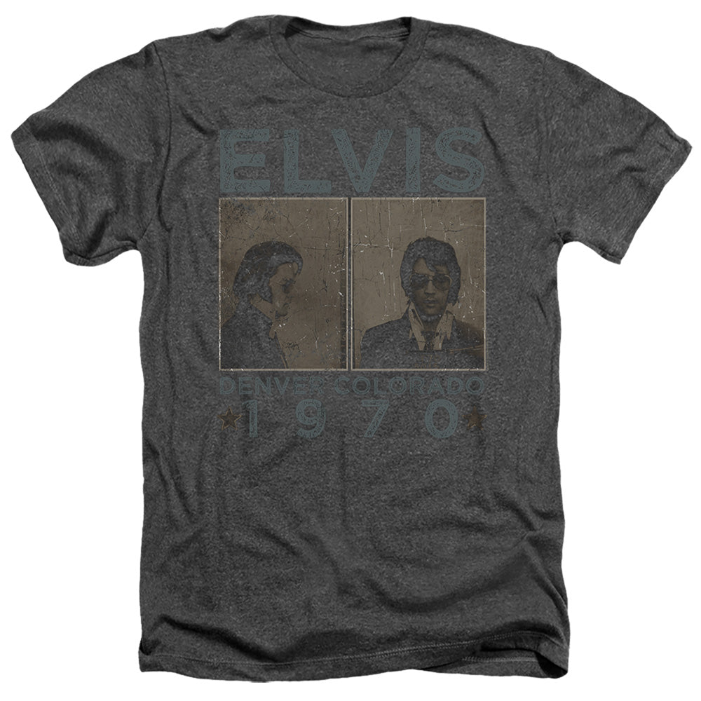 AN OFFCIALLY LICENSED ELVIS PRESLEY DENVER MUGSHOT MEN'S HEATHER T-SHIRT CHARCOAL
