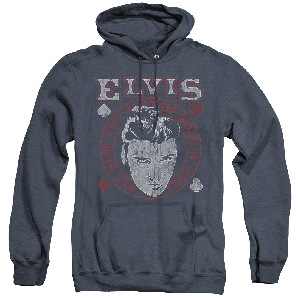 AN OFFCIALLY LICENSED ELVIS PRESLEY HAIL THE KING ADULT UNISEX HEATHER PULLOVER HOODIE NAVY