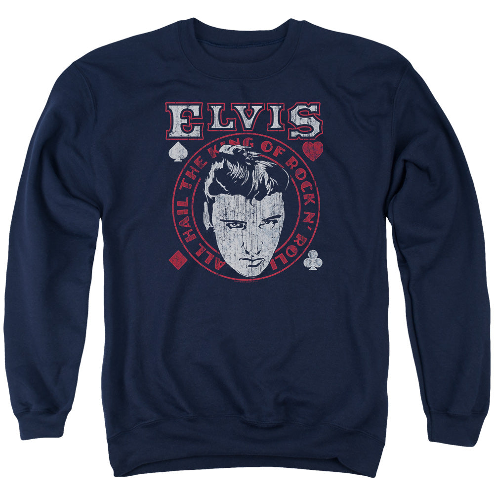 AN OFFCIALLY LICENSED ELVIS PRESLEY HAIL THE KING ADULT UNISEX CREWNECK SWEATSHIRT NAVY