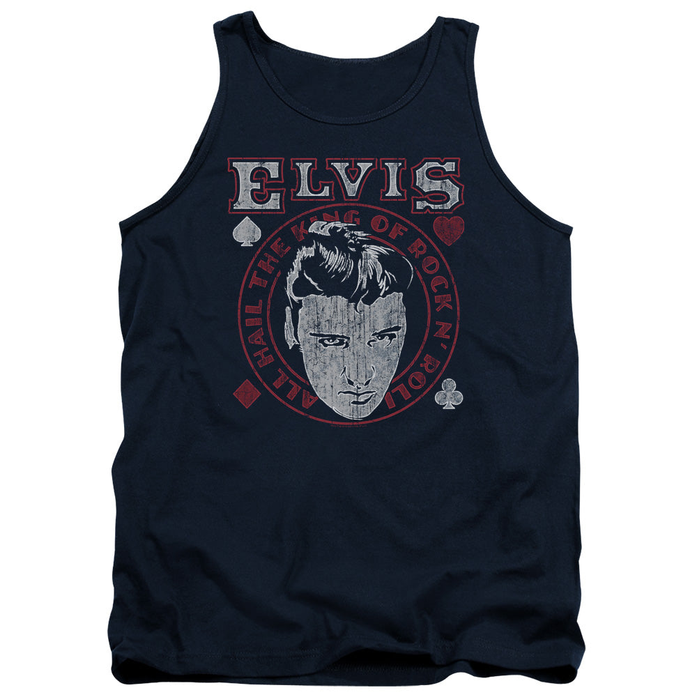 AN OFFCIALLY LICENSED ELVIS PRESLEY HAIL THE KING ADULT UNISEX TANK TOP NAVY