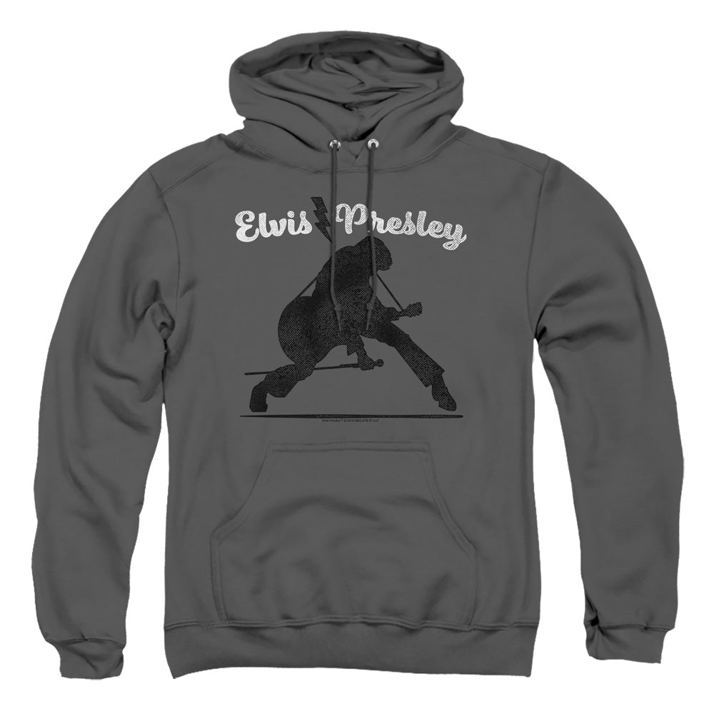 AN OFFCIALLY LICENSED ELVIS PRESLEY OVERPRINT ADULT UNISEX PULLOVER HOODIE CHARCOAL