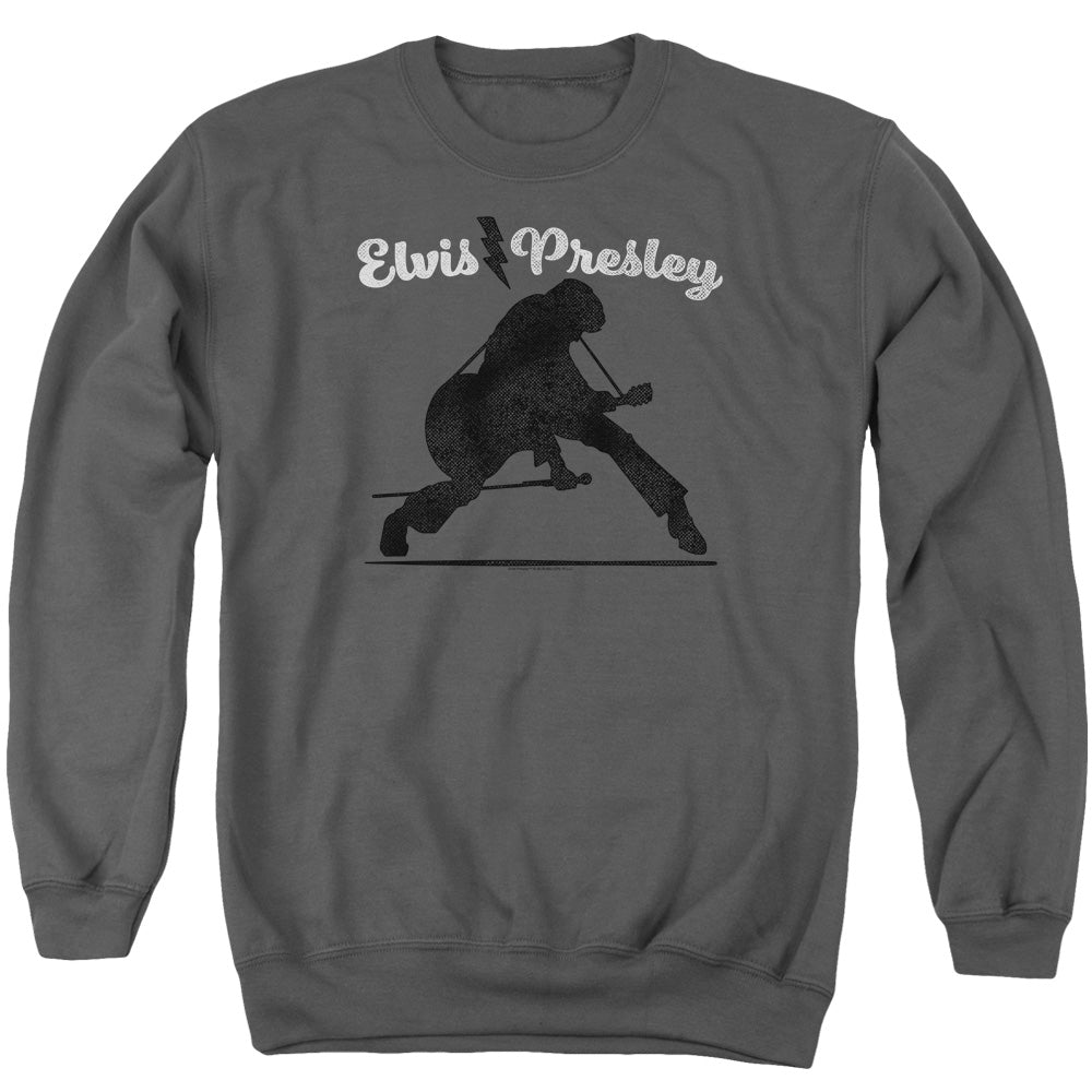 AN OFFCIALLY LICENSED ELVIS PRESLEY OVERPRINT ADULT UNISEX CREWNECK SWEATSHIRT CHARCOAL