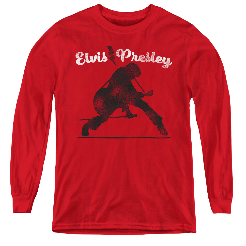 AN OFFCIALLY LICENSED ELVIS PRESLEY OVERPRINT YOUTH LONG SLEEVE T-SHIRT RED