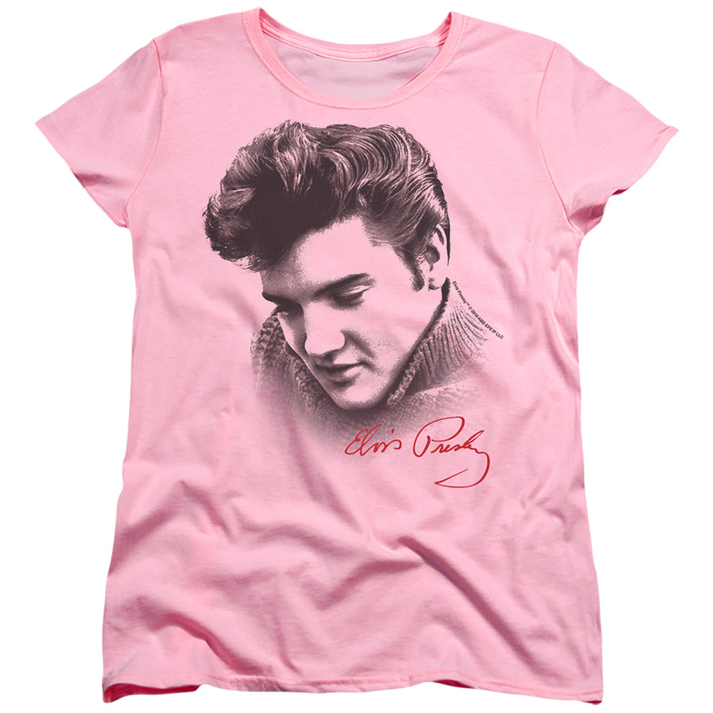 AN OFFCIALLY LICENSED ELVIS PRESLEY PORTRAIT OF A KING WOMEN'S REGULAR FIT T-SHIRT PINK