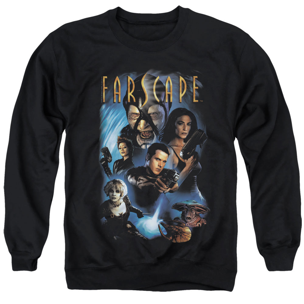 AN OFFCIALLY LICENSED FARSCAPE COMIC COVER ADULT UNISEX CREWNECK SWEATSHIRT BLACK